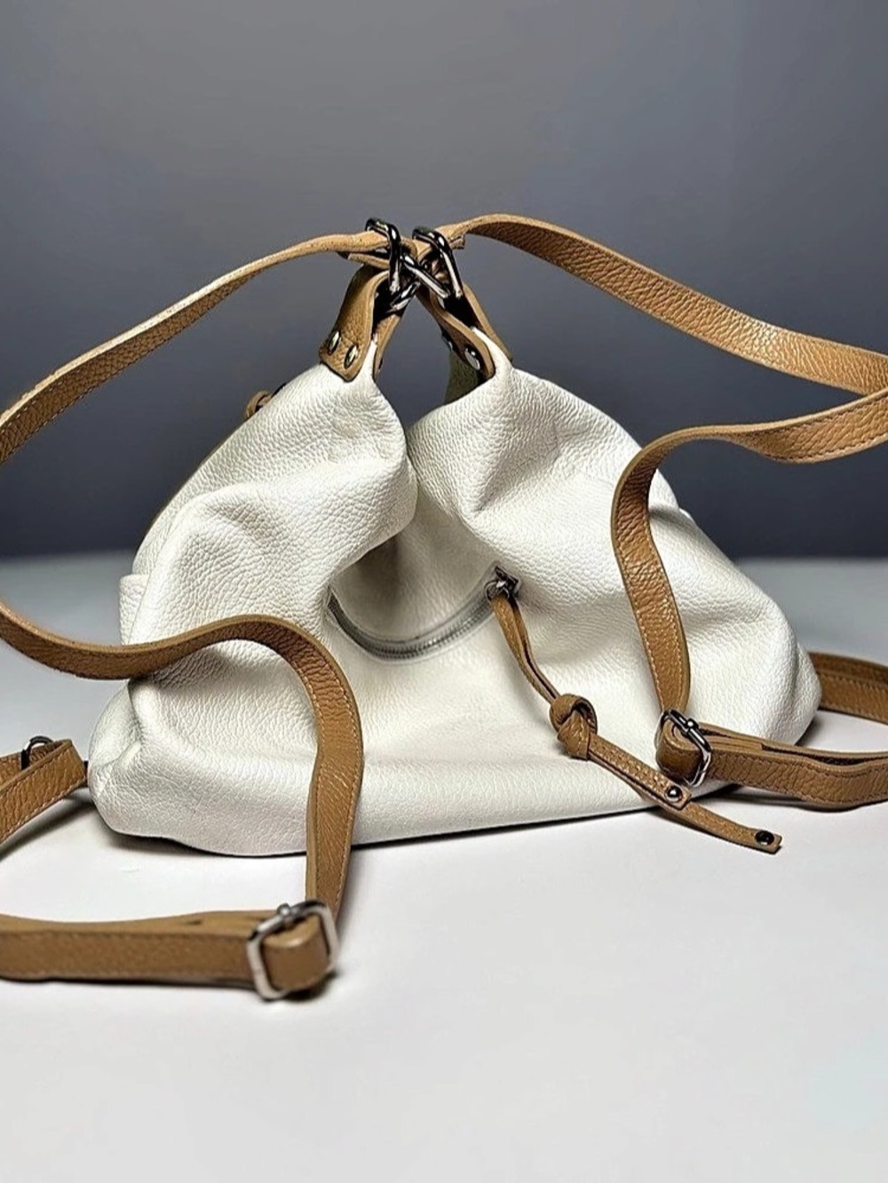 Uno Alla Volta White & Brown Convertible Shoulder Bag